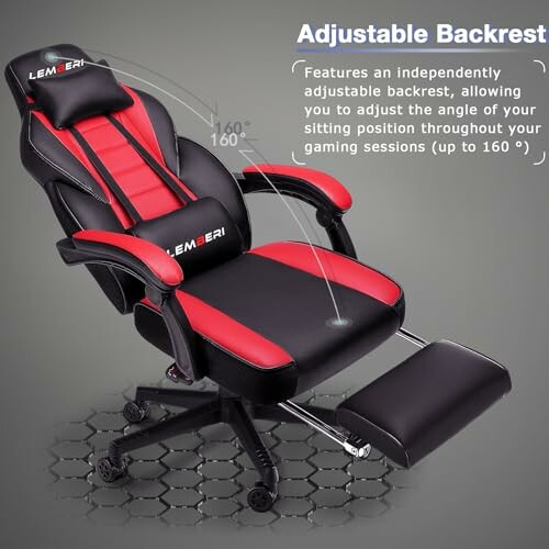 Black and red gaming chair with adjustable backrest and footrest.