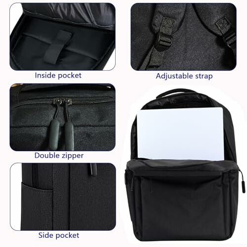 Backpack showing inside pocket, adjustable strap, double zipper, and side pocket.