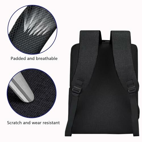 Black backpack with padded, breathable straps and scratch-resistant material.