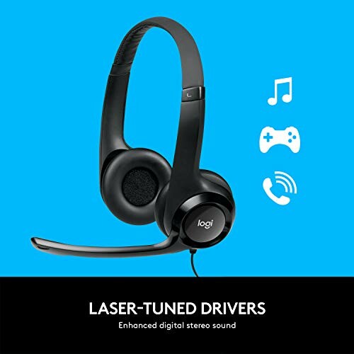Black headset with microphone on blue background, featuring icons for music, gaming, and calls.