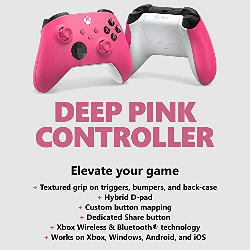Deep pink Xbox controller with features listed.