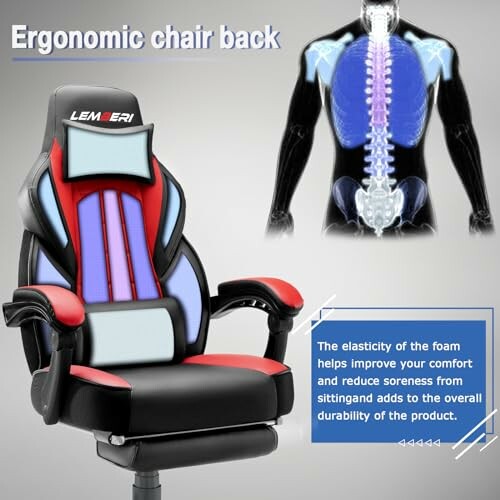Ergonomic chair with highlighted support areas and spine illustration.