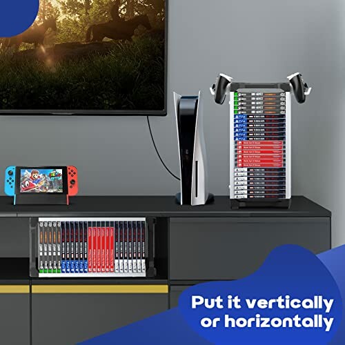 Gaming console setup with TV, PS5, Nintendo Switch, and game storage.