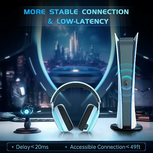 Futuristic gaming setup with headset and console, highlighting low latency and stable connection.
