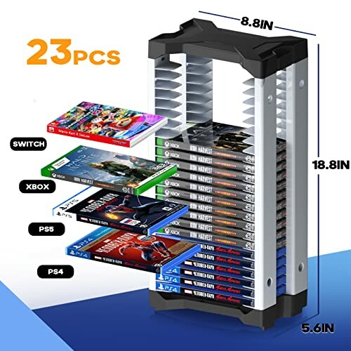 Vertical gaming storage rack holding various game cases.