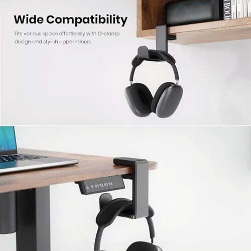 Headphone holder with C-clamp for desk and shelf compatibility.