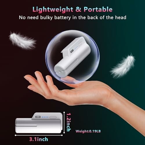 Lightweight portable device in hand with feathers illustrating weightlessness.
