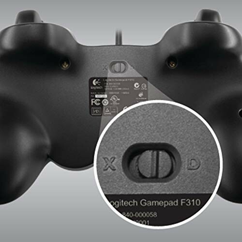 Back view of Logitech Gamepad F310 highlighting mode switch.
