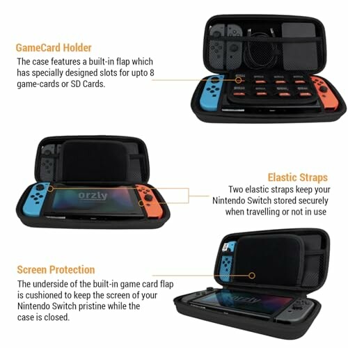 Nintendo Switch carrying case with game card holder, elastic straps, and screen protection.