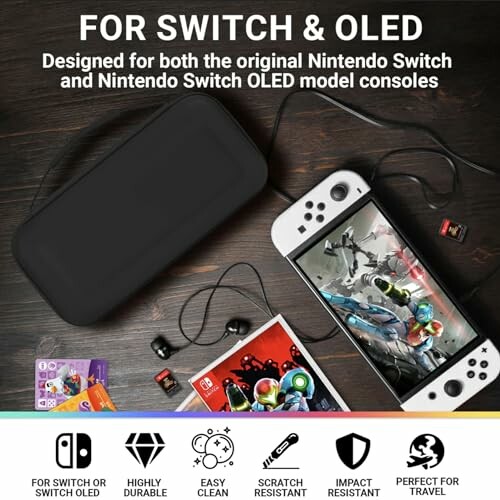 Nintendo Switch OLED with accessories including case, cables, and game cards.
