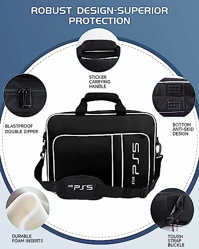 PS5 carrying case with robust design, featuring a sticker carrying handle, blastproof double zipper, durable foam inserts, bottom anti-skid design, and tough strap buckle.