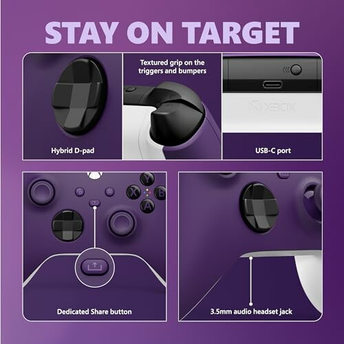 Purple gaming controller features including hybrid D-pad, textured grip, USB-C port, share button, and audio jack.