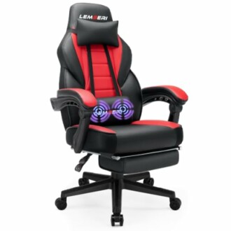 Red and black gaming chair with armrests and headrest