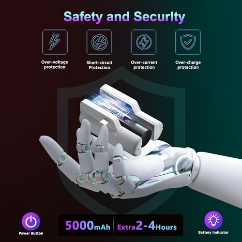 Robotic hand holding a battery with safety features.