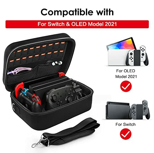 Carrying case compatible with Switch and OLED Model 2021, showcasing storage for controllers and accessories.
