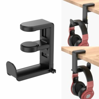 Under desk headphone holder with clamp design for easy storage.