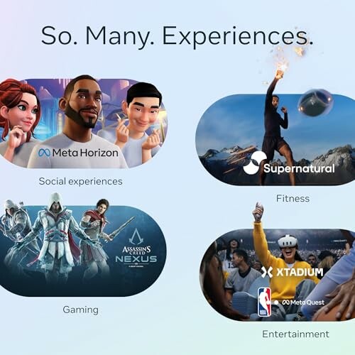 Collage of VR experiences: Meta Horizon, Supernatural, Assassin's Creed Nexus, XTadium