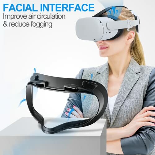 Woman wearing VR headset with facial interface to improve air circulation and reduce fogging.