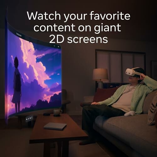 Person using VR headset to watch large 2D screen in living room