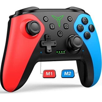 Wireless gaming controller with red and blue grips