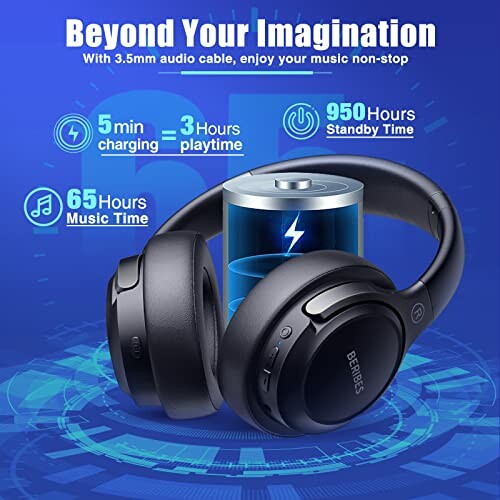 Wireless headphones with fast charging, 65 hours playtime, and 950 hours standby.